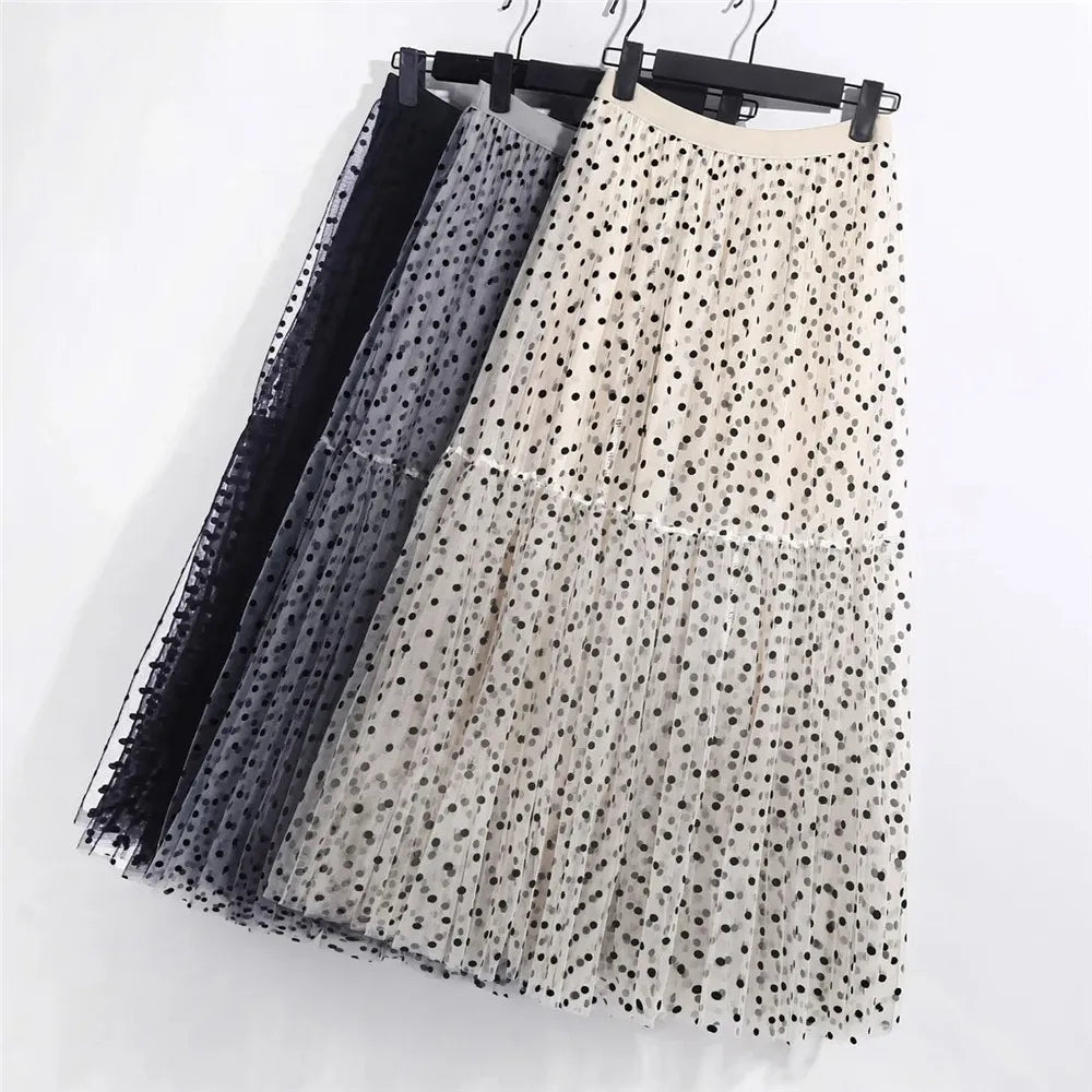 Elegant Polka Dot Tulle Skirt - Women’s Casual Elastic High Waist A-Line Midi Skirt Princess-Inspired Mesh Pleated
