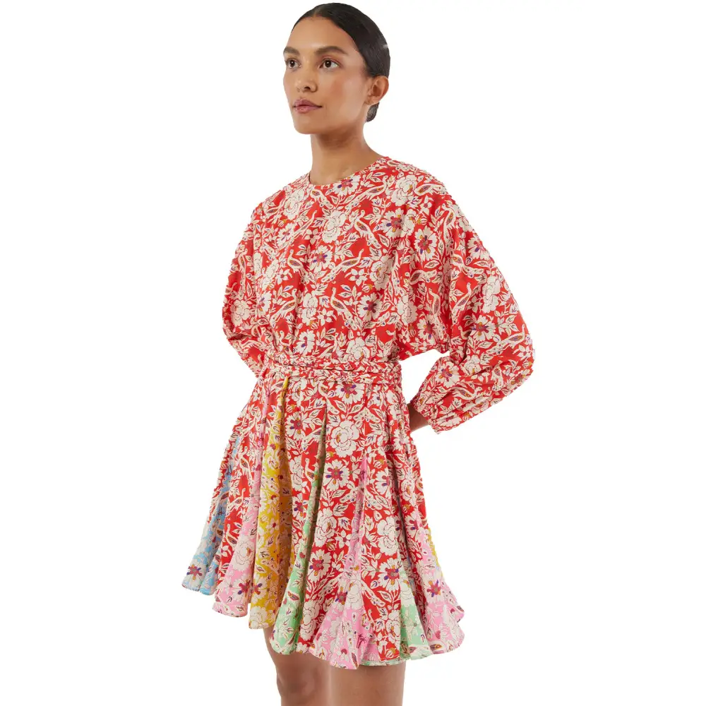 Elegant Red Boho Floral Patchwork Dress with Long Sleeves and Pleats - Perfect for Any Season - Short Dresses