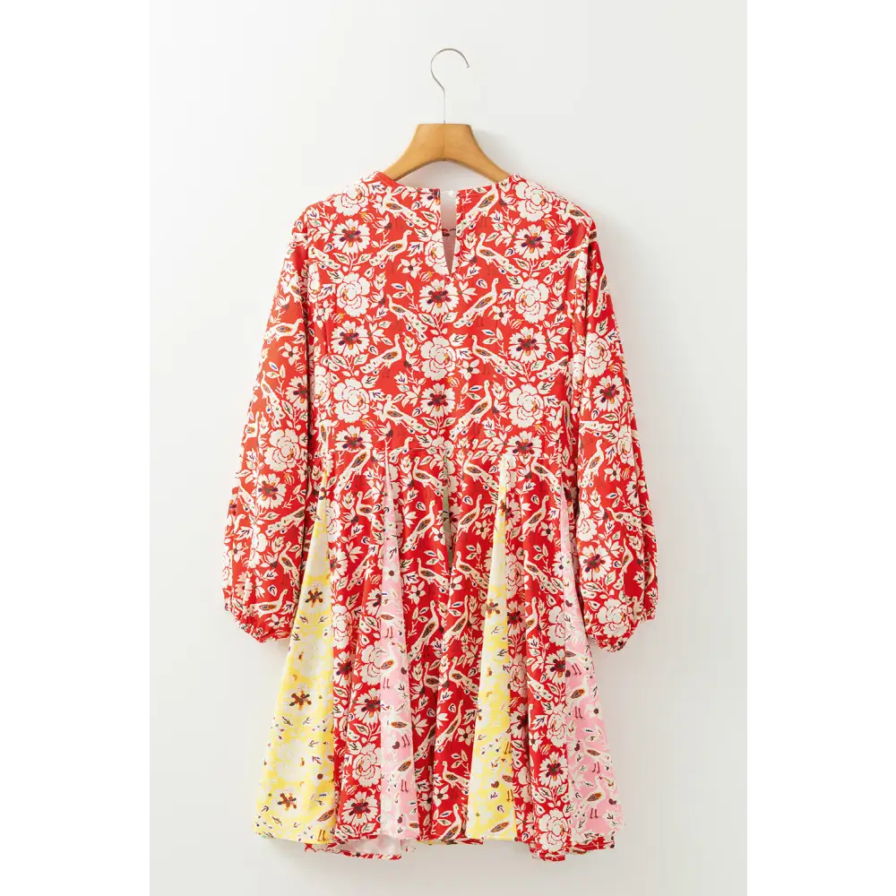 Elegant Red Boho Floral Patchwork Dress with Long Sleeves and Pleats - Perfect for Any Season - Short Dresses