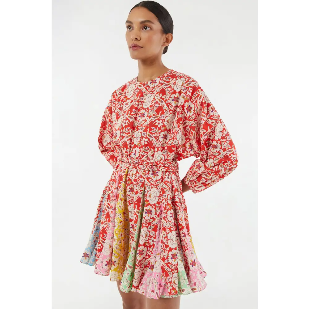 Elegant Red Boho Floral Patchwork Dress with Long Sleeves and Pleats - Perfect for Any Season - Short Dresses