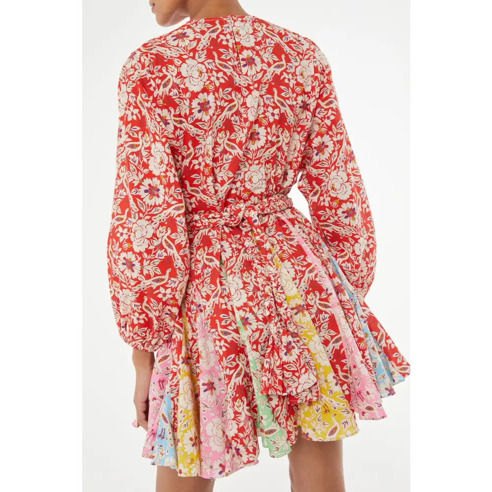 Elegant Red Boho Floral Patchwork Dress with Long Sleeves and Pleats - Perfect for Any Season - Short Dresses
