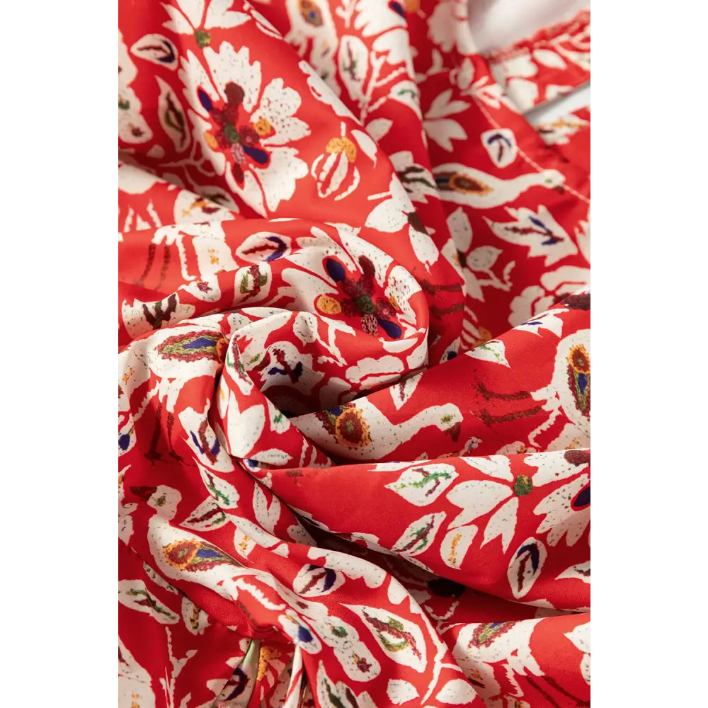 Elegant Red Boho Floral Patchwork Dress with Long Sleeves and Pleats - Perfect for Any Season - Short Dresses
