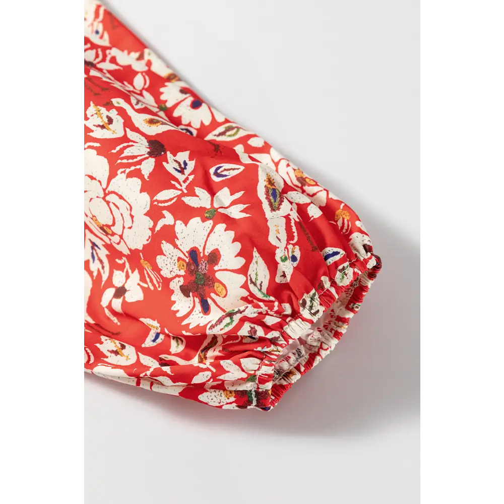 Elegant Red Boho Floral Patchwork Dress with Long Sleeves and Pleats - Perfect for Any Season - Short Dresses