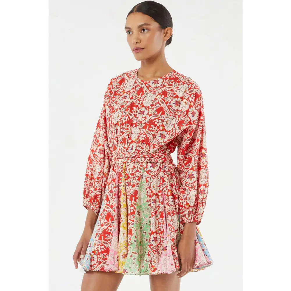 Elegant Red Boho Floral Patchwork Dress with Long Sleeves and Pleats - Perfect for Any Season - Short Dresses