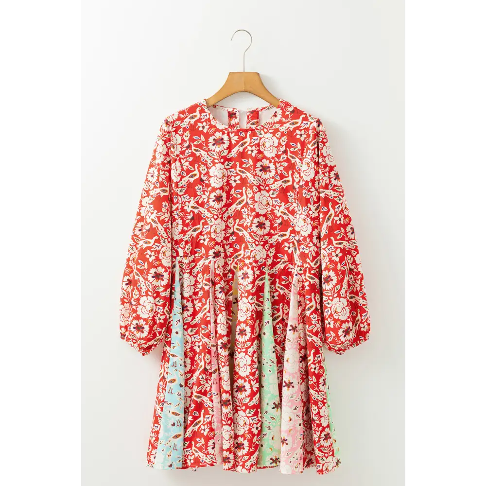 Elegant Red Boho Floral Patchwork Dress with Long Sleeves and Pleats - Perfect for Any Season - Short Dresses