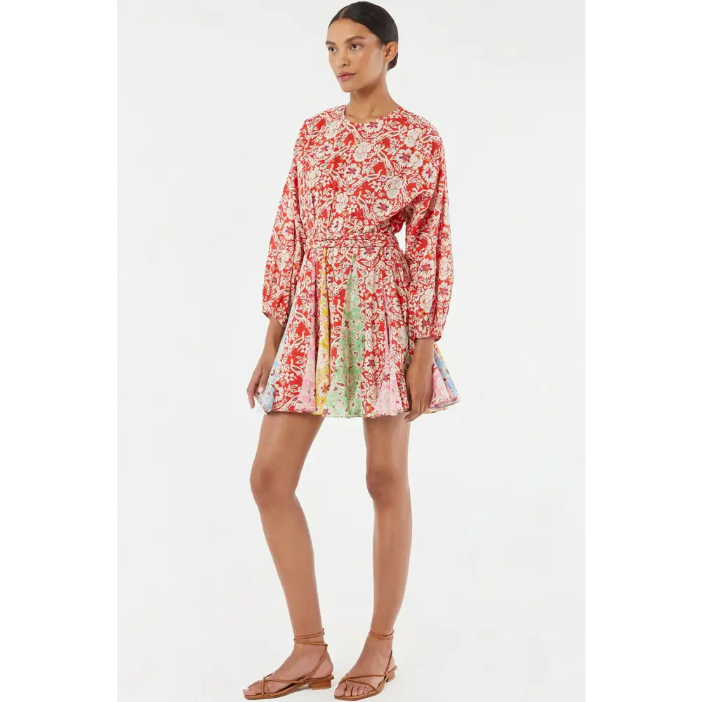 Elegant Red Boho Floral Patchwork Dress with Long Sleeves and Pleats - Perfect for Any Season - Short Dresses