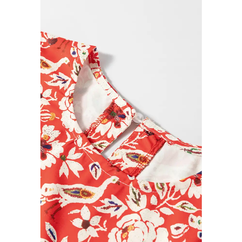Elegant Red Boho Floral Patchwork Dress with Long Sleeves and Pleats - Perfect for Any Season - Short Dresses