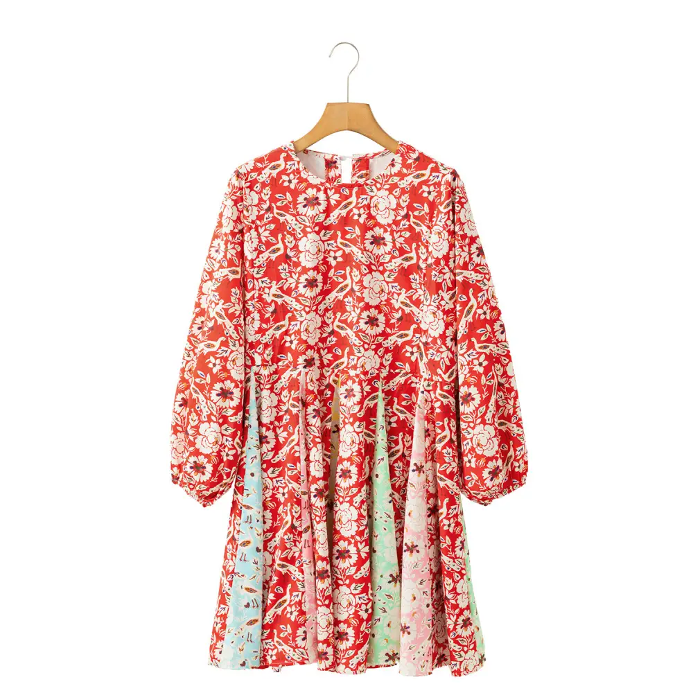 Elegant Red Boho Floral Patchwork Dress with Long Sleeves and Pleats - Perfect for Any Season - Short Dresses