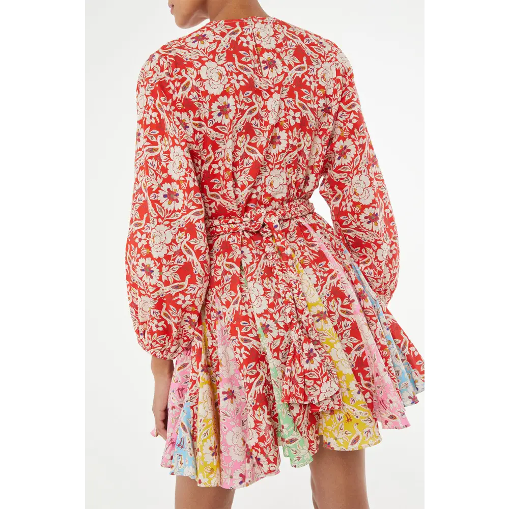 Elegant Red Boho Floral Patchwork Dress with Long Sleeves and Pleats - Perfect for Any Season - Short Dresses