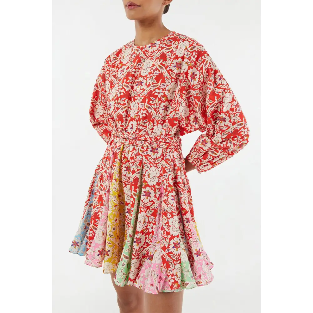Elegant Red Boho Floral Patchwork Dress with Long Sleeves and Pleats - Perfect for Any Season - Short Dresses
