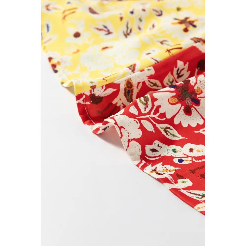 Elegant Red Boho Floral Patchwork Dress with Long Sleeves and Pleats - Perfect for Any Season - Short Dresses
