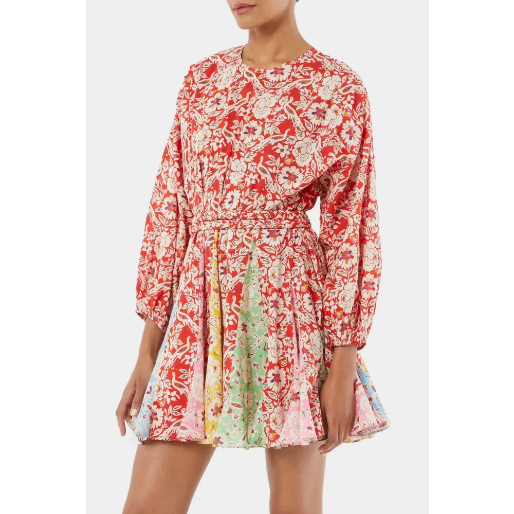 Elegant Red Boho Floral Patchwork Dress with Long Sleeves and Pleats - Perfect for Any Season - Short Dresses