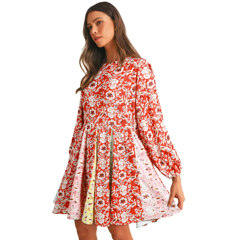 Elegant Red Boho Floral Patchwork Dress with Long Sleeves and Pleats - Perfect for Any Season - Short Dresses