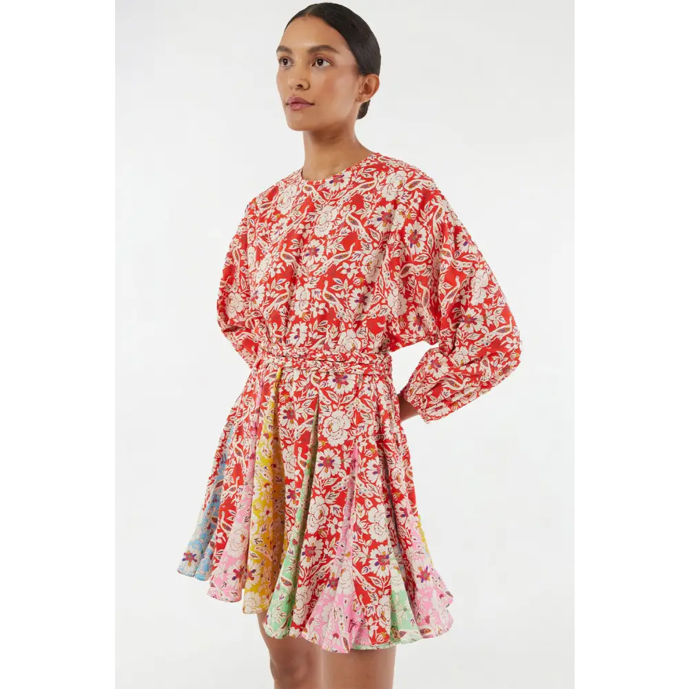 Elegant Red Boho Floral Patchwork Dress with Long Sleeves and Pleats - Perfect for Any Season - Short Dresses