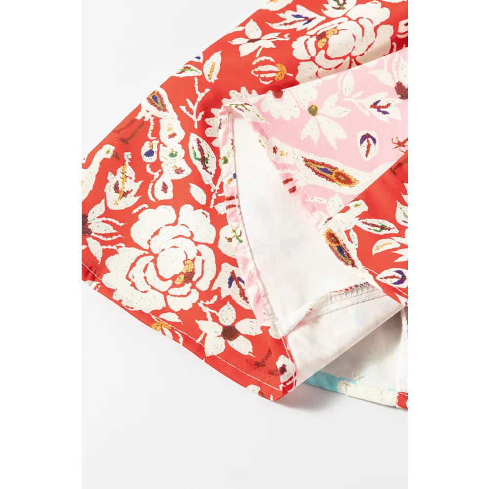 Elegant Red Boho Floral Patchwork Dress with Long Sleeves and Pleats - Perfect for Any Season - Short Dresses