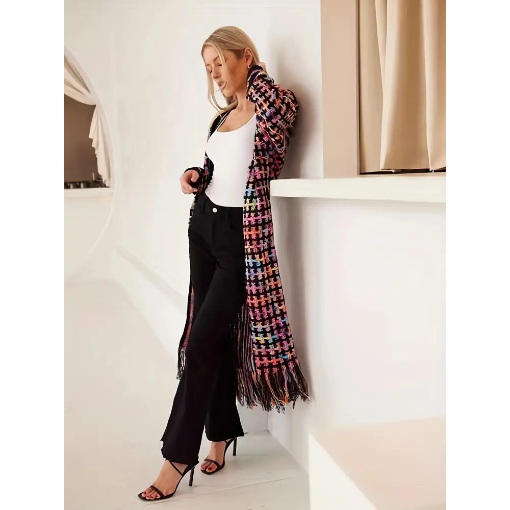 Elegant V-Neck Striped Long Cardigan Sweater - Women’s Fashion Knitwear with Fringe Details - cardigan