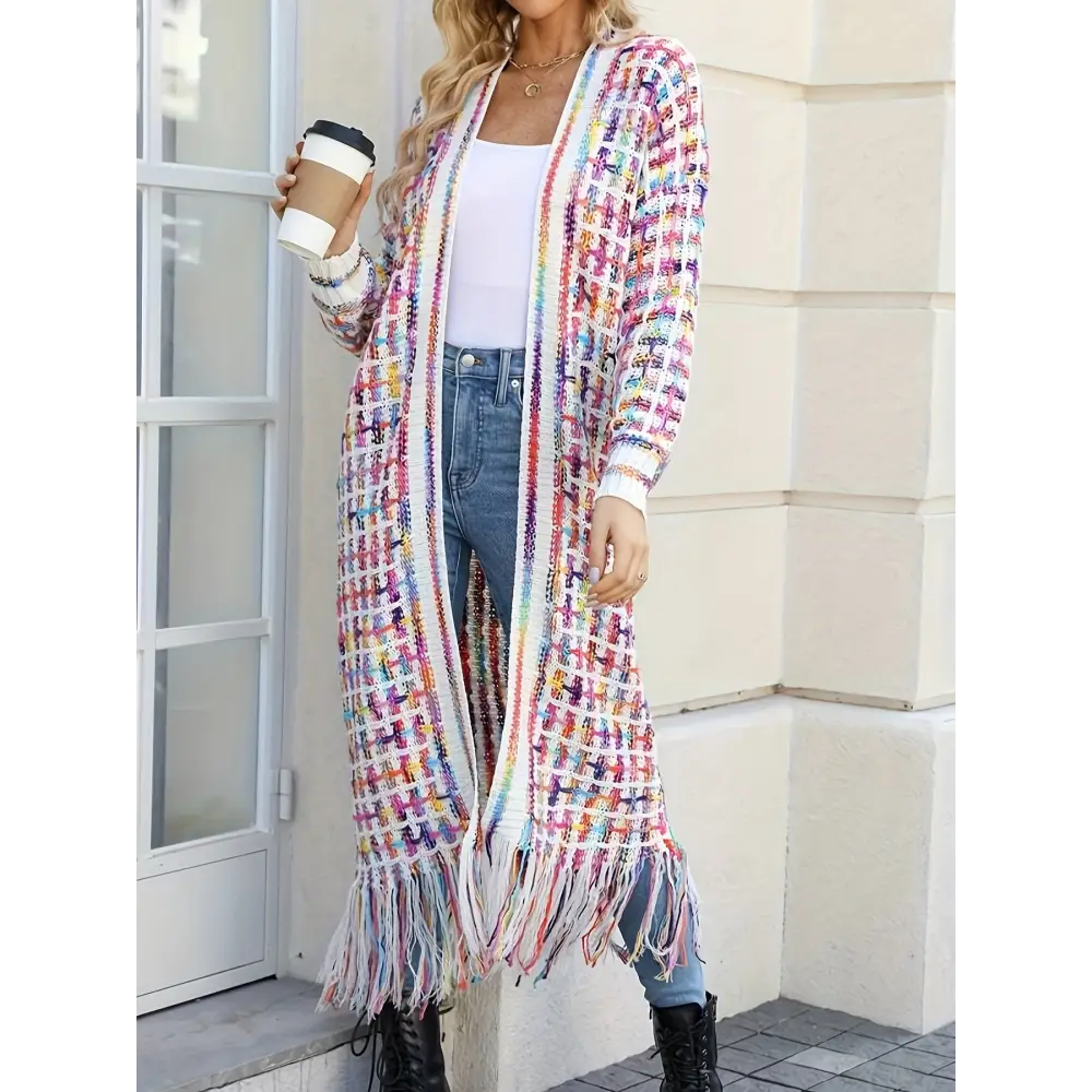 Elegant V-Neck Striped Long Cardigan Sweater - Women’s Fashion Knitwear with Fringe Details - cardigan