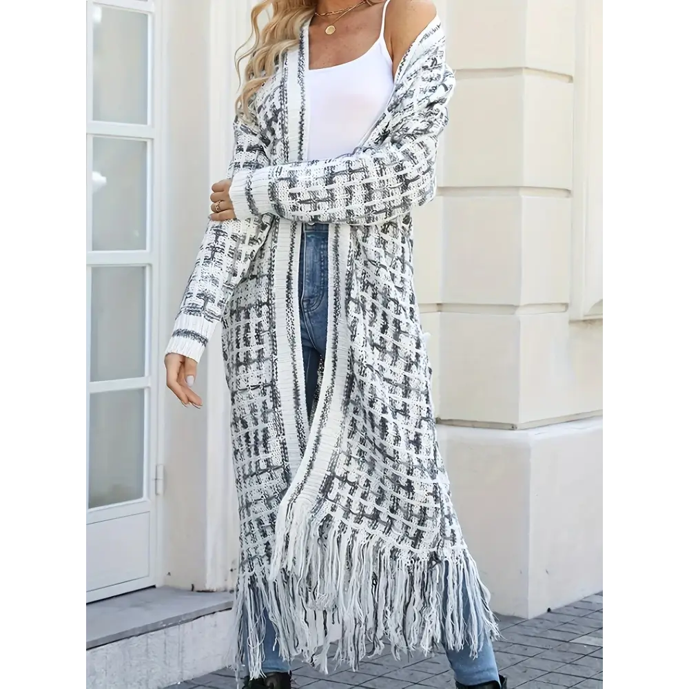 Elegant V-Neck Striped Long Cardigan Sweater - Women’s Fashion Knitwear with Fringe Details - cardigan