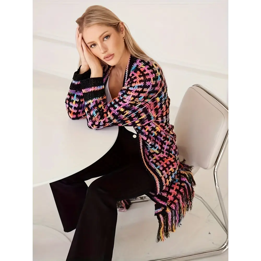 Elegant V-Neck Striped Long Cardigan Sweater - Women’s Fashion Knitwear with Fringe Details - cardigan