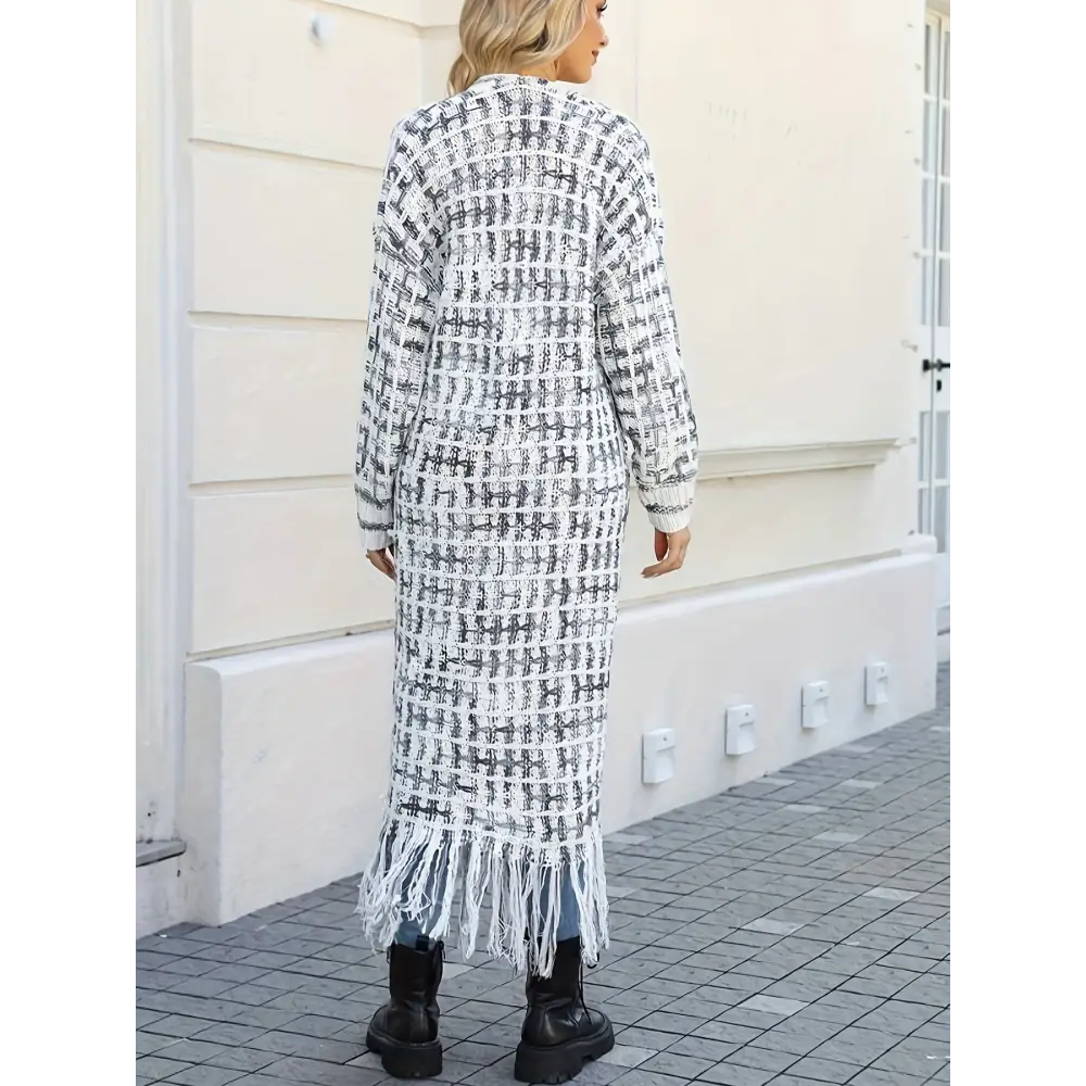 Elegant V-Neck Striped Long Cardigan Sweater - Women’s Fashion Knitwear with Fringe Details - cardigan