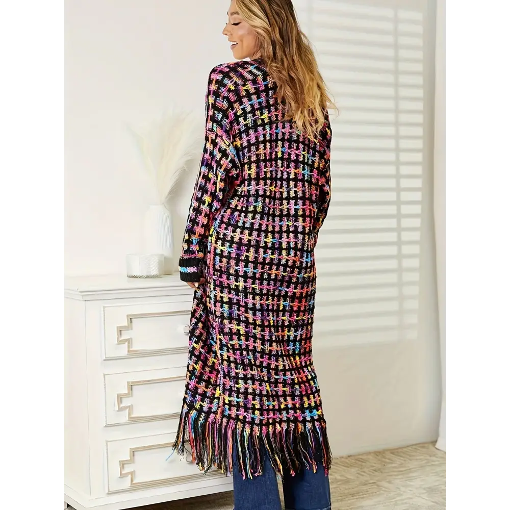Elegant V-Neck Striped Long Cardigan Sweater - Women’s Fashion Knitwear with Fringe Details - cardigan