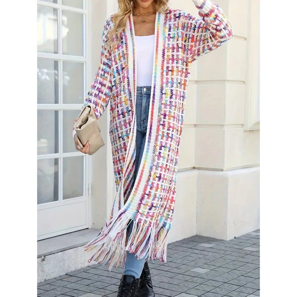 Elegant V-Neck Striped Long Cardigan Sweater - Women’s Fashion Knitwear with Fringe Details - cardigan