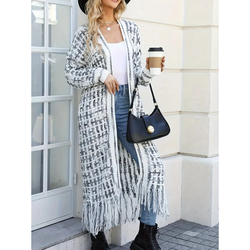 Elegant V-Neck Striped Long Cardigan Sweater - Women’s Fashion Knitwear with Fringe Details - cardigan