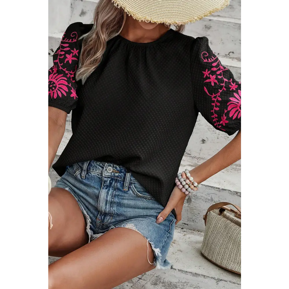 Embroidered Round Neck Short Sleeve Blouse - Elegant & Comfortable Women’s Casual Top - Blouses