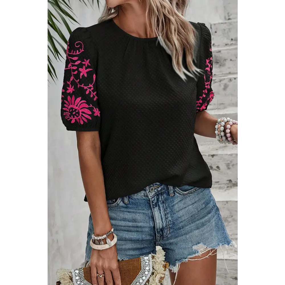 Embroidered Round Neck Short Sleeve Blouse - Elegant & Comfortable Women’s Casual Top - Blouses