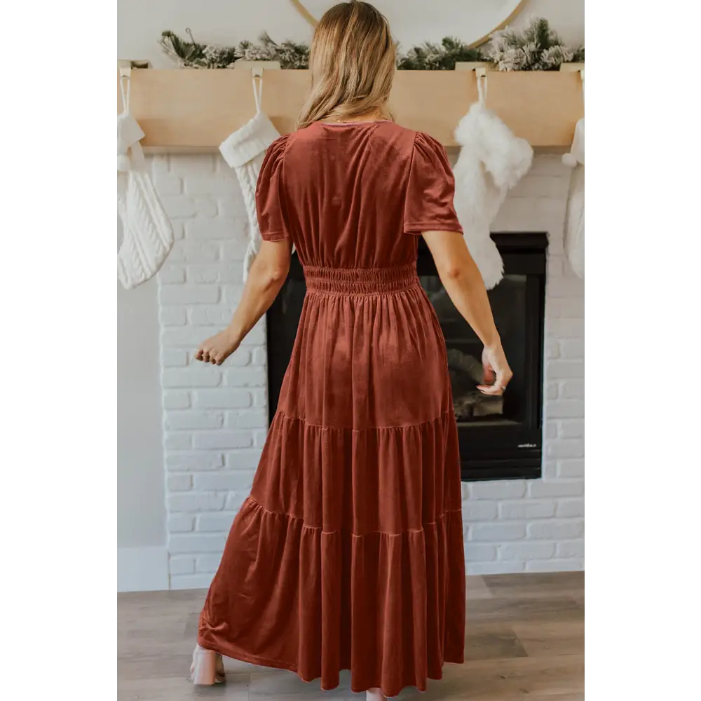Evergreen Velvet Maxi Dress with Puff Short Sleeves and Smocked Waist - Elegant Tiered Design for Formal Events