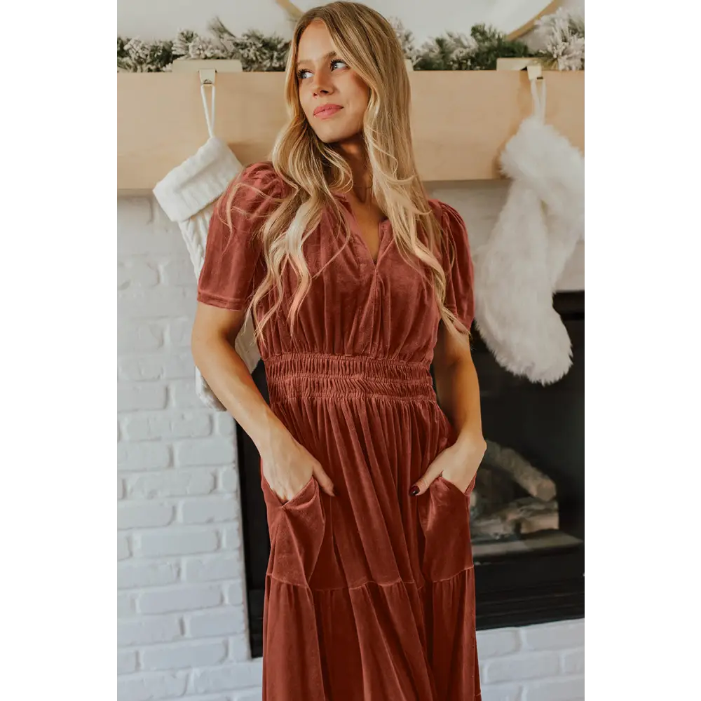 Evergreen Velvet Maxi Dress with Puff Short Sleeves and Smocked Waist - Elegant Tiered Design for Formal Events