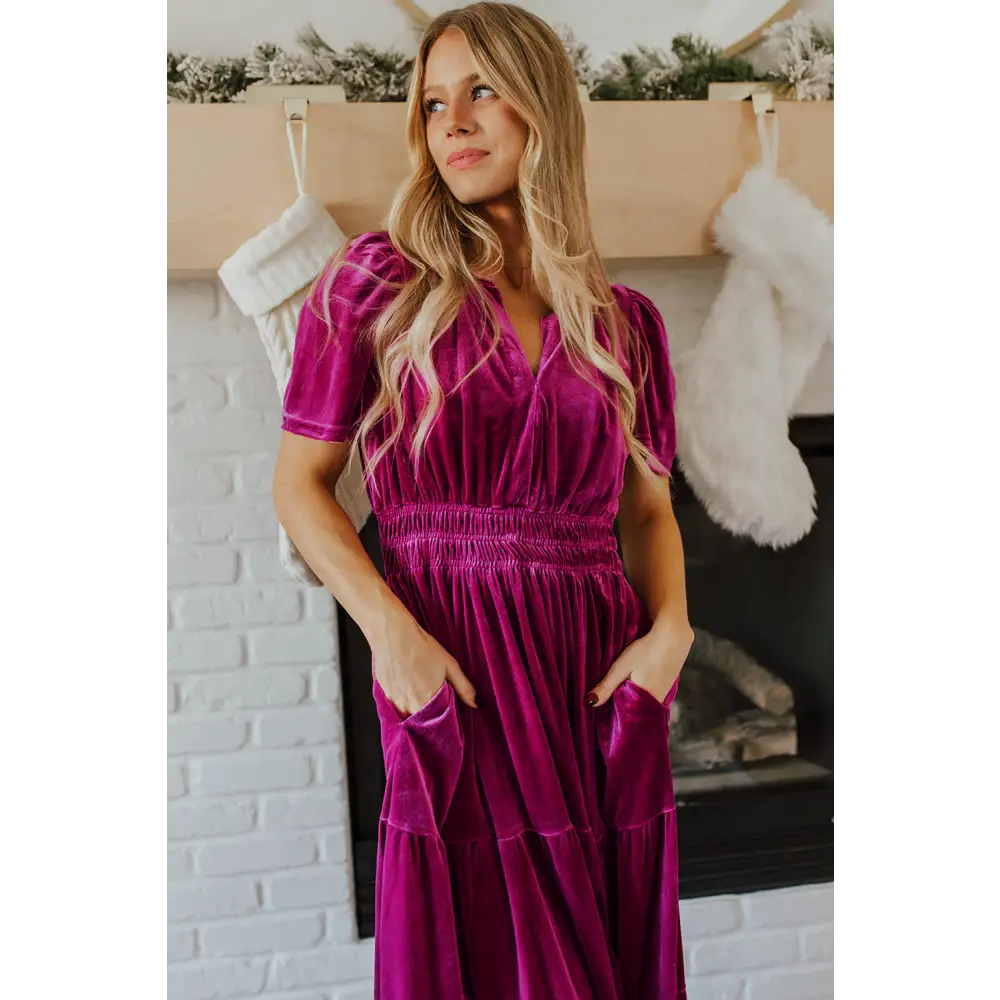 Evergreen Velvet Maxi Dress with Puff Short Sleeves and Smocked Waist - Elegant Tiered Design for Formal Events