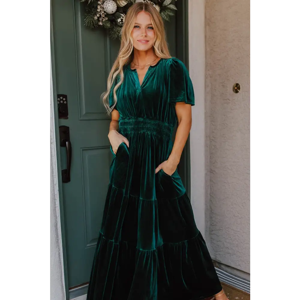 Evergreen Velvet Maxi Dress with Puff Short Sleeves and Smocked Waist - Elegant Tiered Design for Formal Events