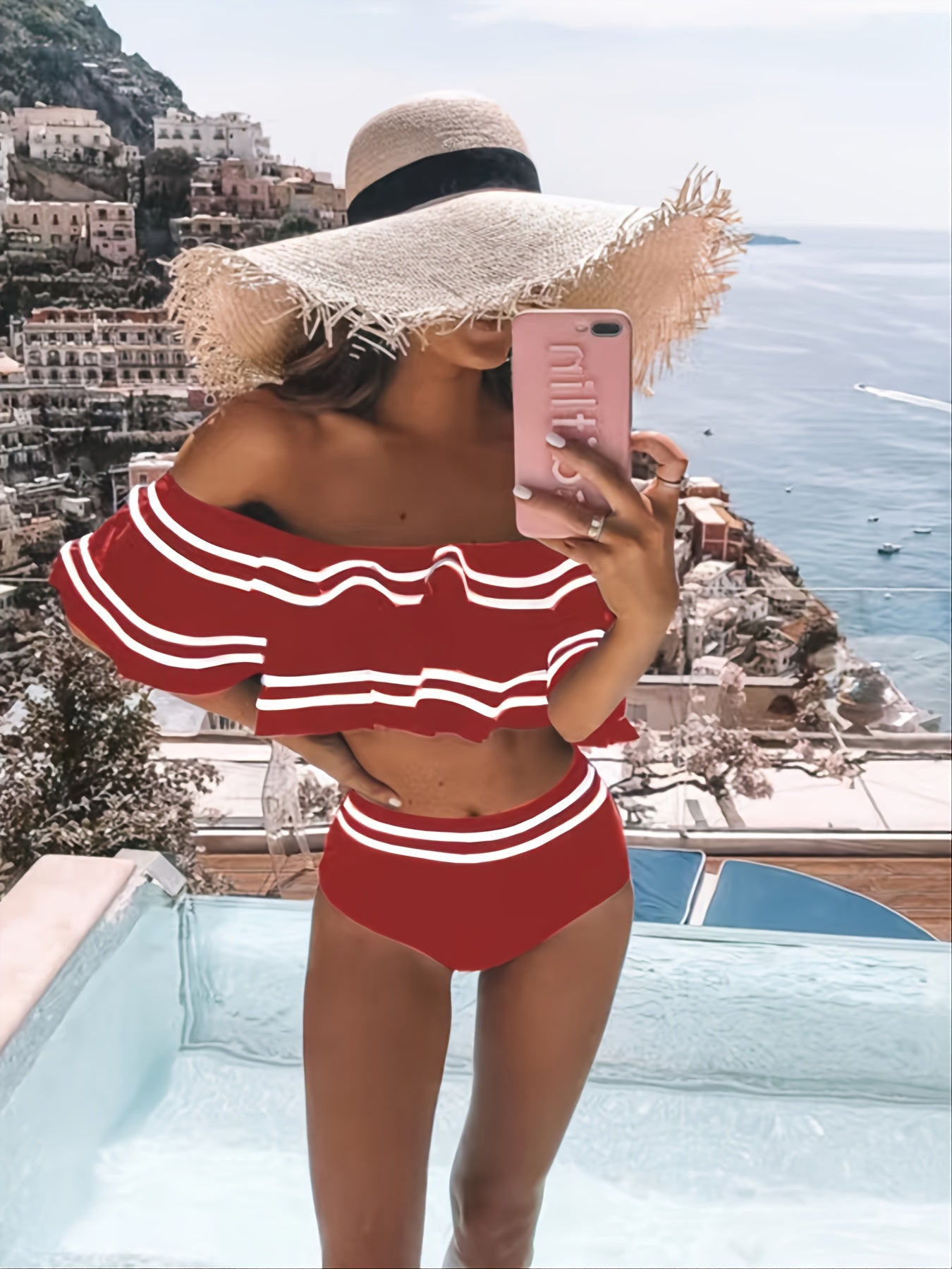 Two-Piece High-Waist Off-Shoulder Swimsuit - Tiered Ruffle Contrast Trim Women's Beachwear & Swimwear