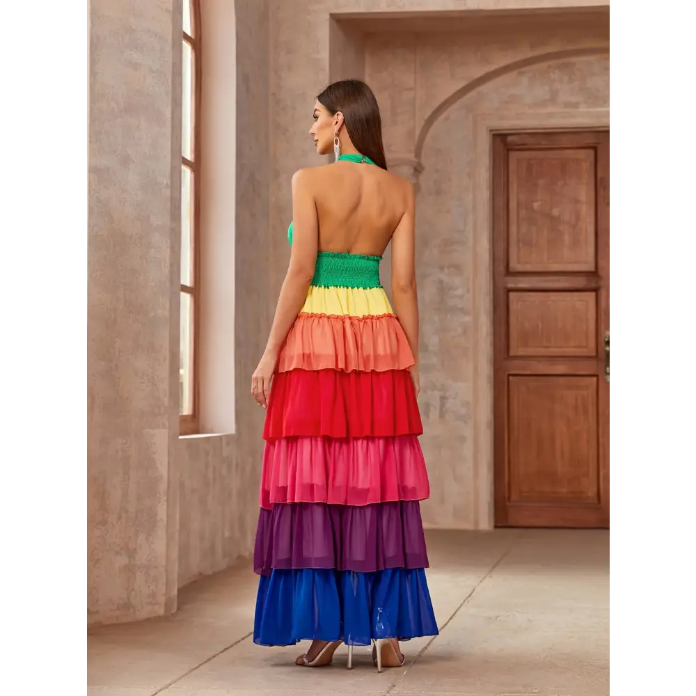 Flattering Crisscross Halter Dress - Layered Hem & Color Block Style Essential Spring & Summer Wardrobe Addition - Dress