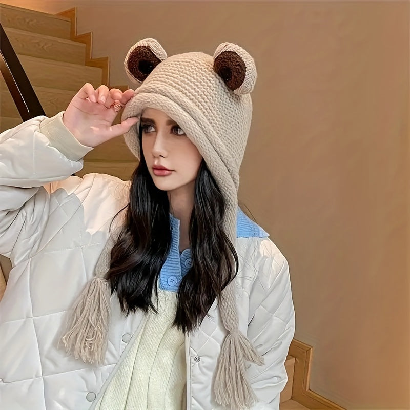 Frog Knitted Beanie Hat – Cute & Cozy Cartoon Earflap Hat for Winter - Frog Beige - Beanie