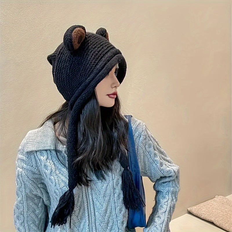 Frog Knitted Beanie Hat – Cute & Cozy Cartoon Earflap Hat for Winter - Frog Black - Beanie