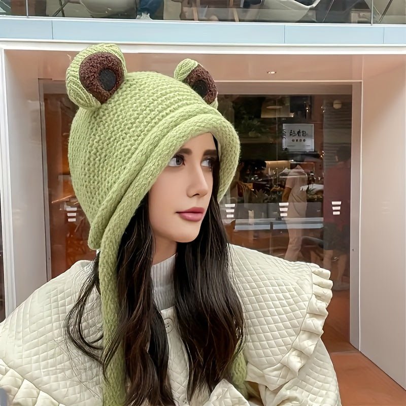 Frog Knitted Beanie Hat – Cute & Cozy Cartoon Earflap Hat for Winter - Frog Green - Beanie