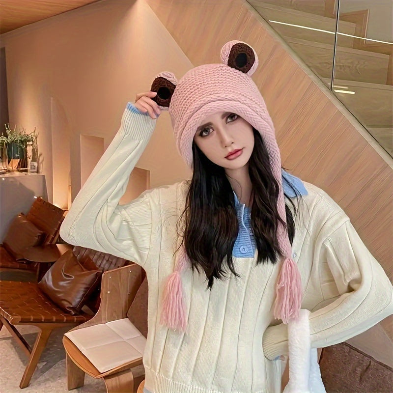 Frog Knitted Beanie Hat – Cute & Cozy Cartoon Earflap Hat for Winter - Frog Pink - Beanie
