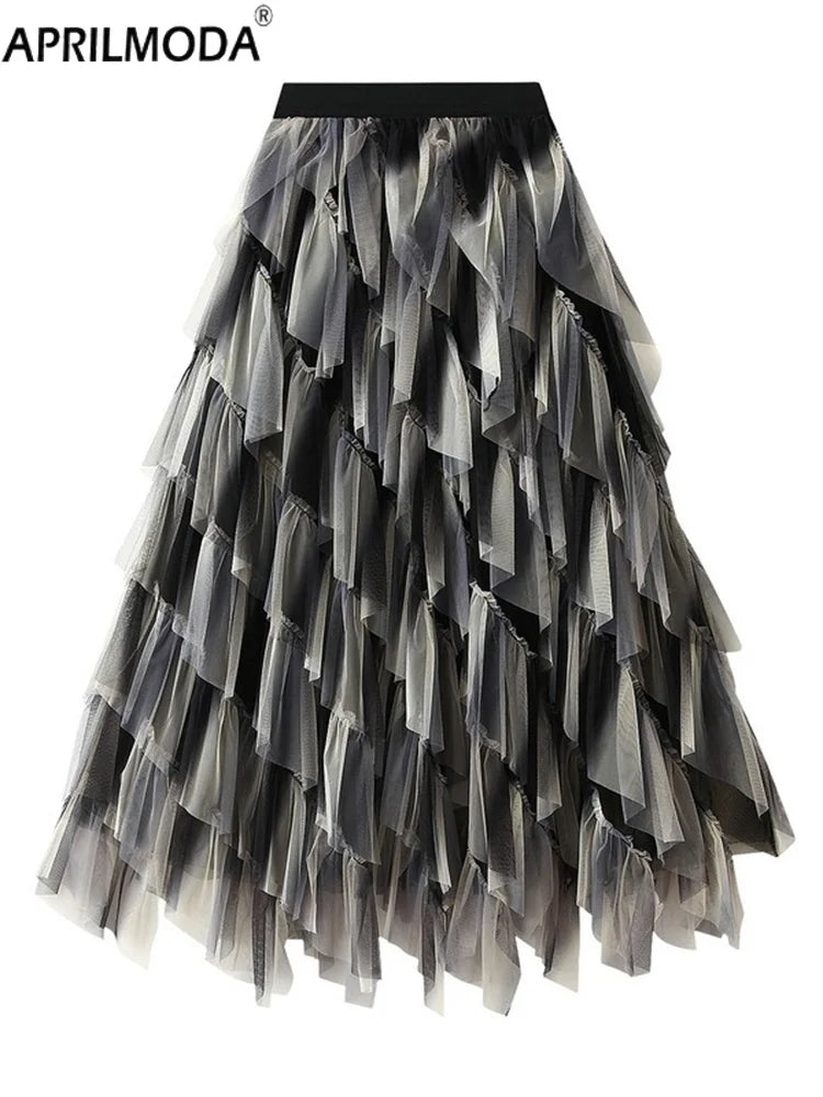 Gradient Mesh Midi Skirt - Irregular High Elastic Ruffle Patchwork Rainbow Tutu for Parties Holidays & Brides - Midi