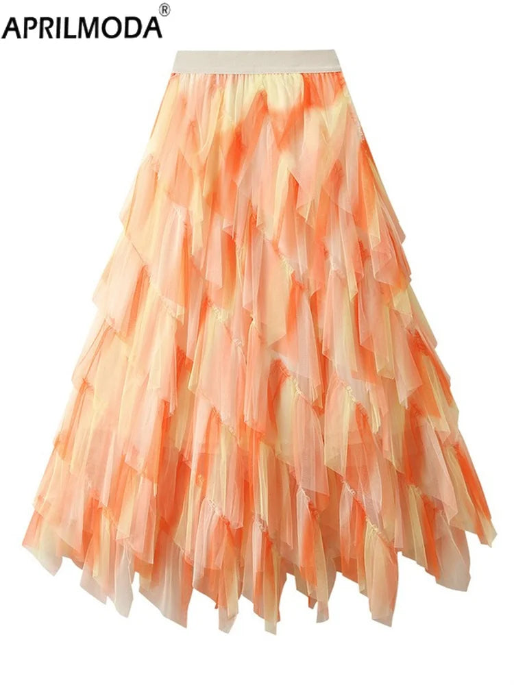 Gradient Mesh Midi Skirt - Irregular High Elastic Ruffle Patchwork Rainbow Tutu for Parties Holidays & Brides - Midi