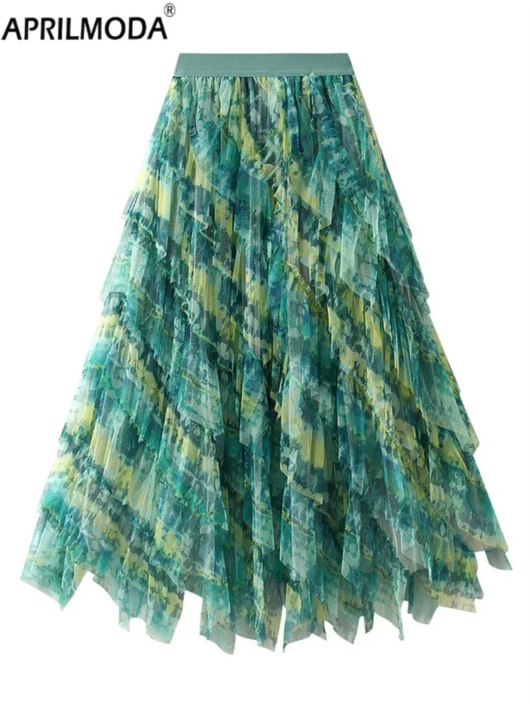 Gradient Mesh Midi Skirt - Irregular High Elastic Ruffle Patchwork Rainbow Tutu for Parties Holidays & Brides - Midi