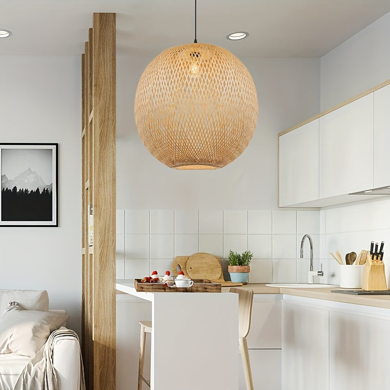 Handmade Bamboo Woven Pendant Light – Elegant Lighting for Living Room Dining Room and Kitchen Island (Light Source