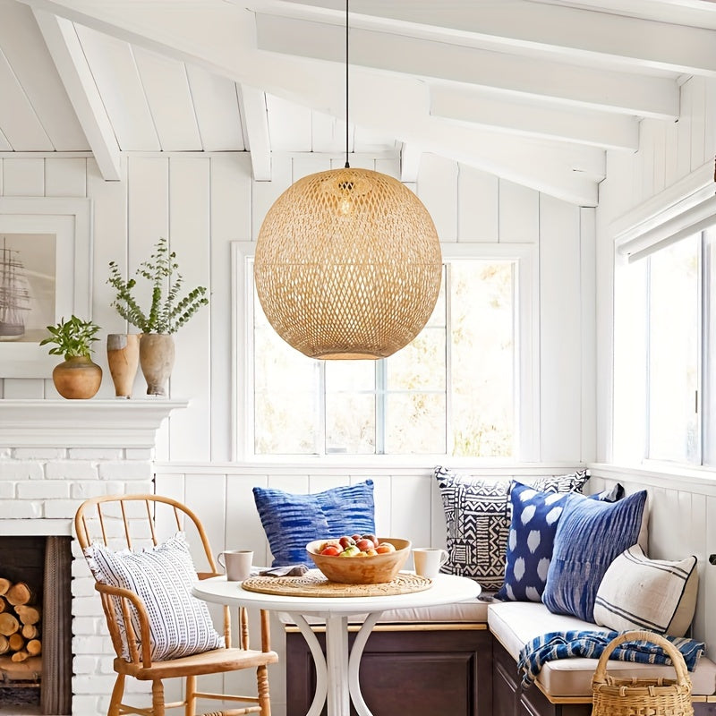 Handmade Bamboo Woven Pendant Light – Elegant Lighting for Living Room Dining Room and Kitchen Island (Light Source