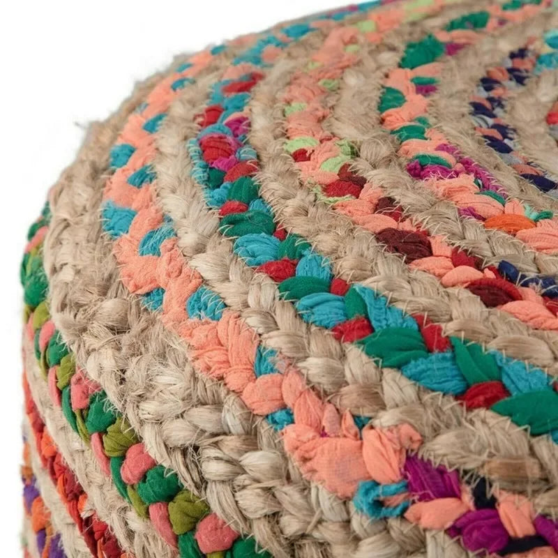 Handmade Bohemian Pouf – Natural Jute & Cotton Braided Ottoman Cover with Vibrant Colors for Living Room Décor - Ottoman