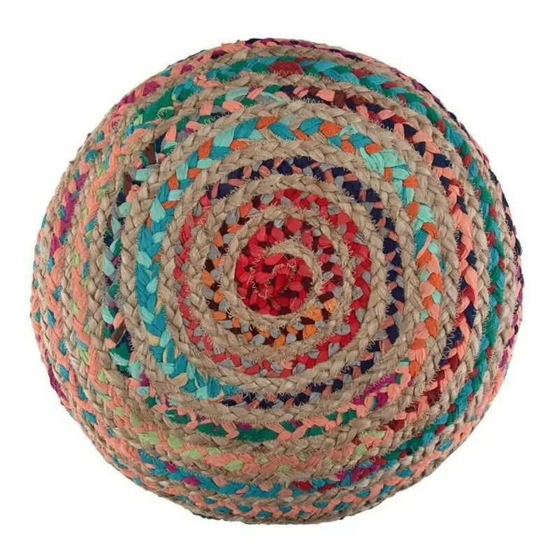 Handmade Bohemian Pouf – Natural Jute & Cotton Braided Ottoman Cover with Vibrant Colors for Living Room Décor - Ottoman