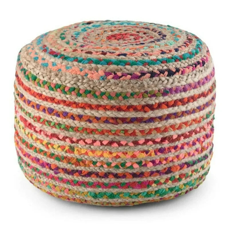 Handmade Bohemian Pouf – Natural Jute & Cotton Braided Ottoman Cover with Vibrant Colors for Living Room Décor - Ottoman