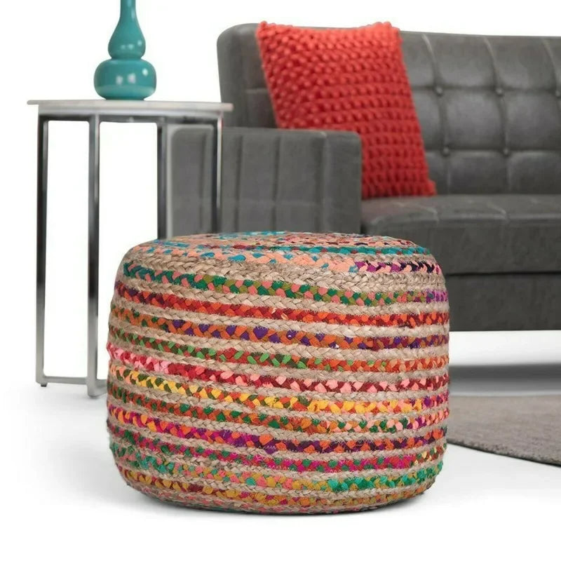 Handmade Bohemian Pouf – Natural Jute & Cotton Braided Ottoman Cover with Vibrant Colors for Living Room Décor