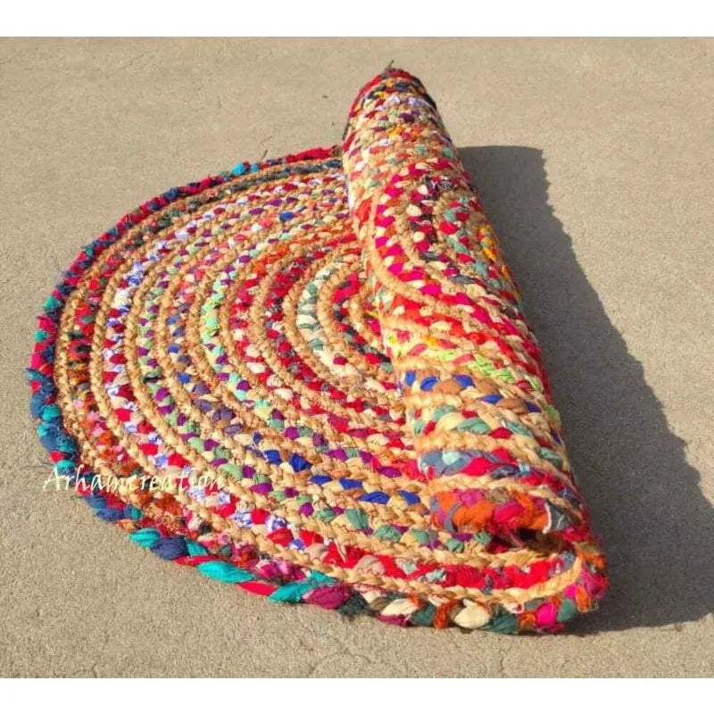 Handmade Braided Jute Floor Rug – Bohemian Indian Area Carpet for Home Décor - Interior Rug