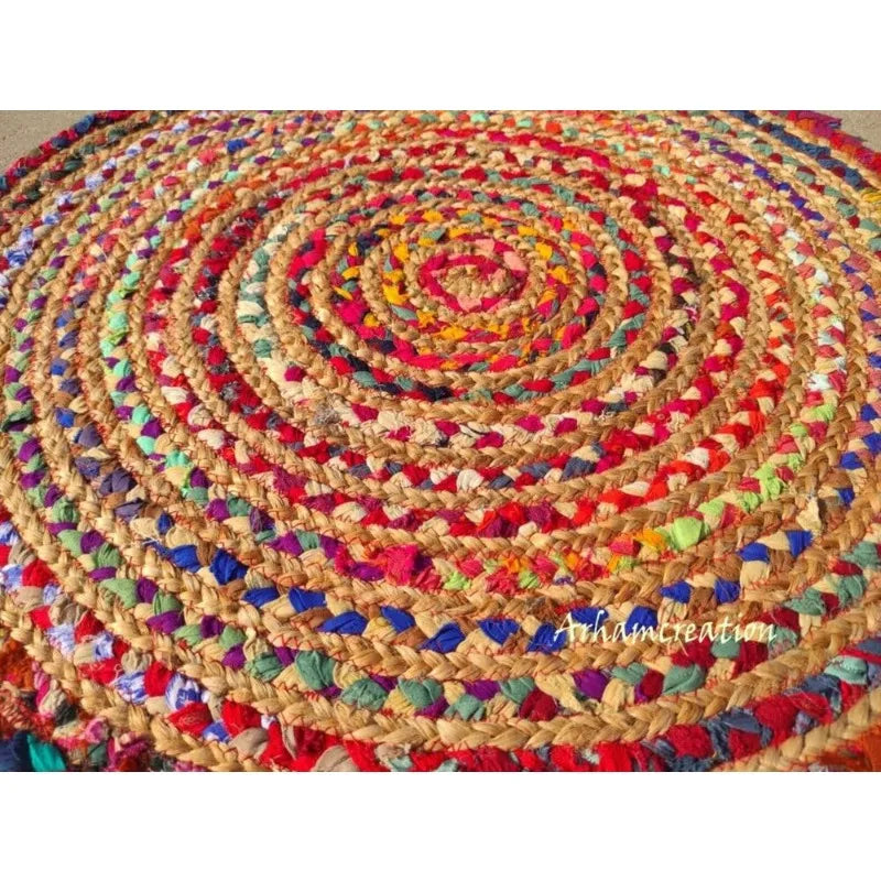 Handmade Braided Jute Floor Rug – Bohemian Indian Area Carpet for Home Décor - Interior Rug